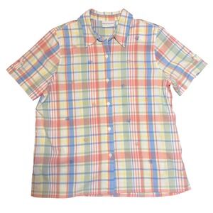 Vintage Pastel Plaid Embroidered Shell Floral Button Down Shirt 16‎
